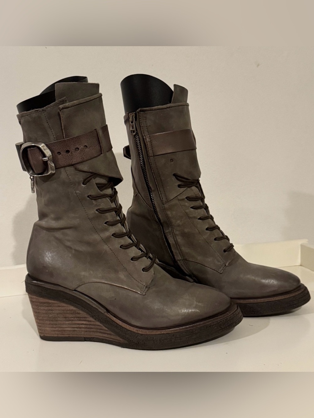 A.S.98 Thatcher-Buckle Wedge Ankle Boots in Gray